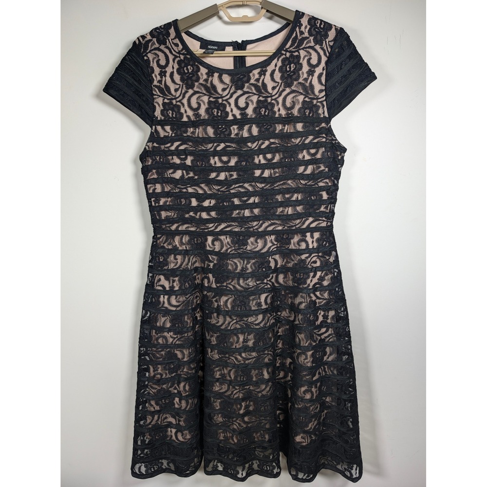 Alfani Womens Dress Lace Tiered Fit Flare Floral Black Nude Short Sleeve 10 Reg